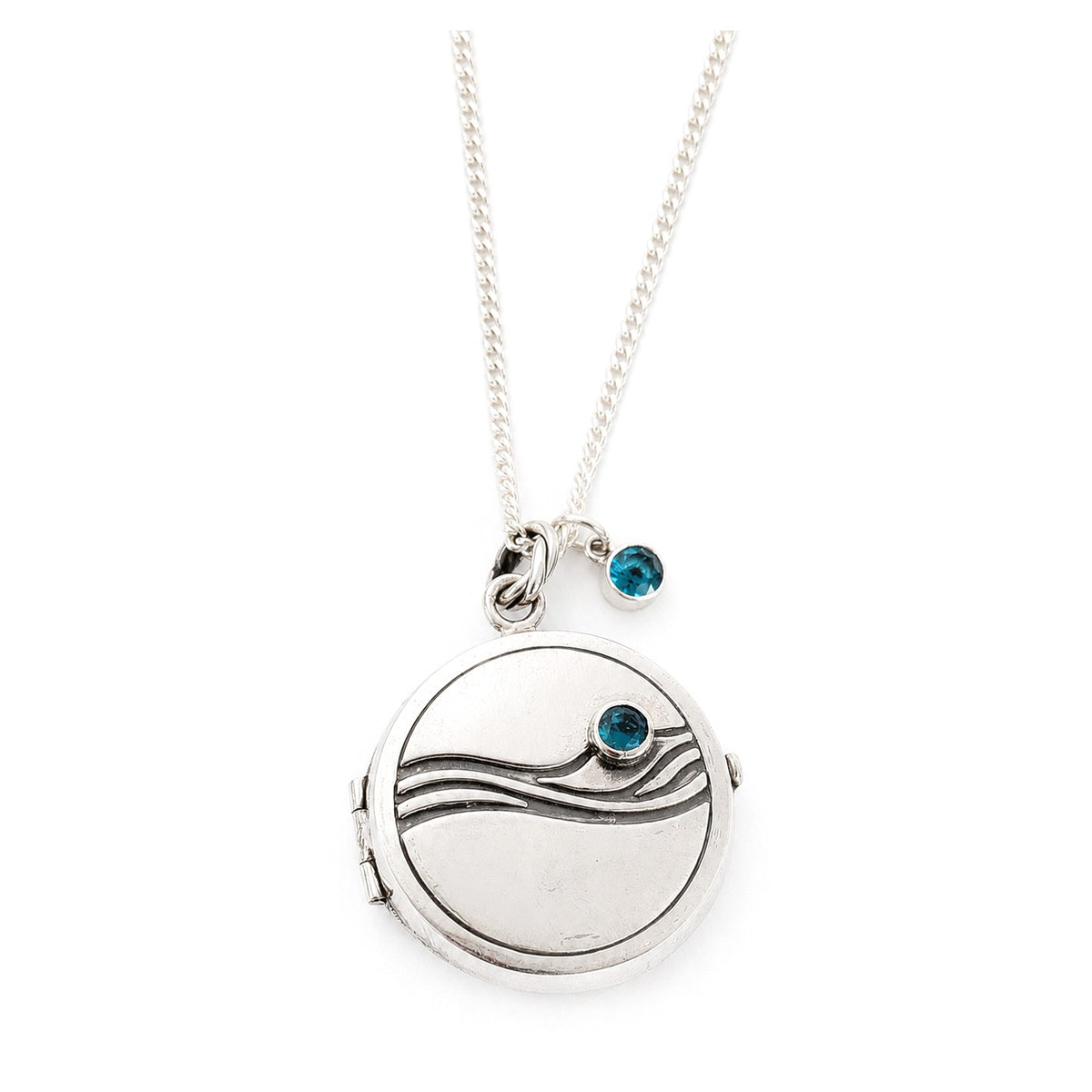 KRISTA II — Relicario aus 925 Sterling Silber mit blauem Stein, an der Kette getragen