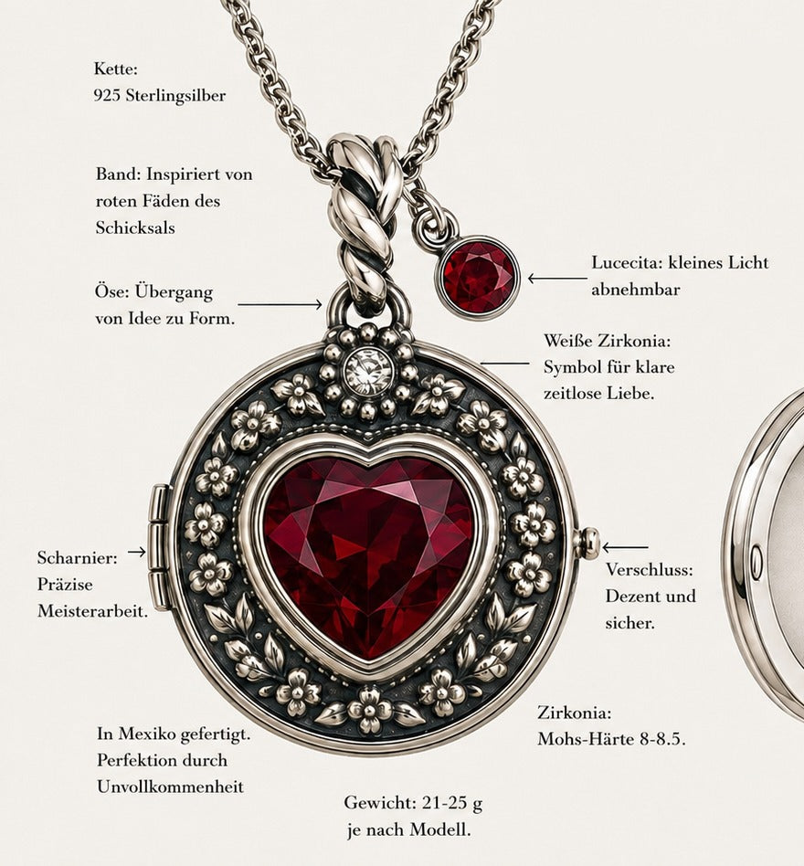Relicario geschlossen — Kette aus 925 Sterlingsilber, Öse, Lucecita, weiße Zirkonia, Scharnier und Verschluss.