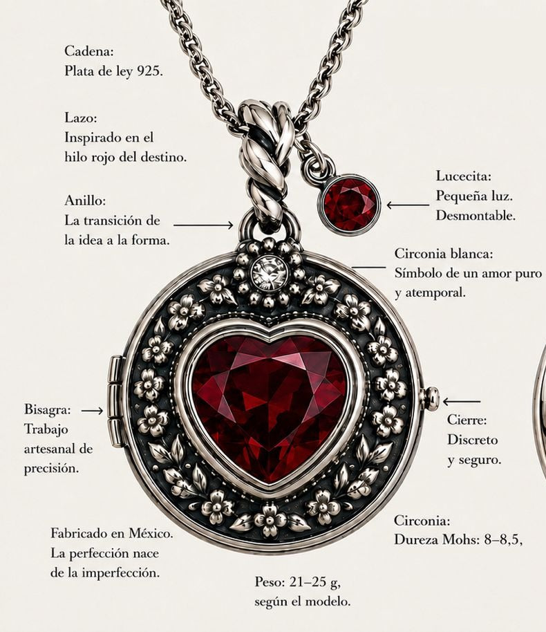 Relicario cerrado — cadena de plata de ley 925, anillo, Lucecita, circonia blanca, bisagra y cierre.